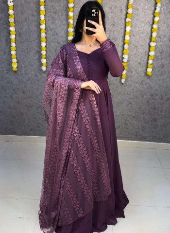 FABULOUS SOFT FAUX GEORGETTE POTLI BUTTON WORK GOWN WITH DUPATTA  PURPLE