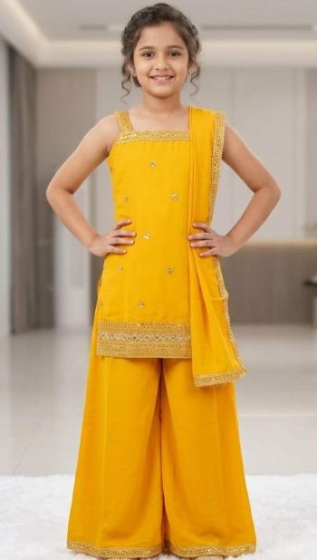 FANCY CREPE SEQUENCE  EMBROIDERY WORK KID'S TOP PALAZZO WITH DUPATTA YELLOW