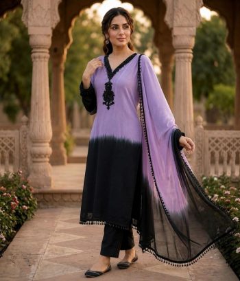 FANCY CREPE SILK EMBROIDERY BEADS WORK TOP BOTTOM WITH DUPATTA PURPLE