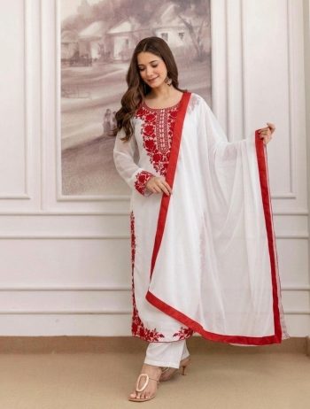 FANCY GEORGETTE EMBROIDERY WORK TOP BOTTOM WITH DUPATTA WHITE AND RED