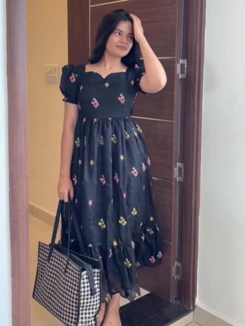 FANCY KOTA CHECKS EMBROIDERY WORK ONE PIECE DRESS BLACK