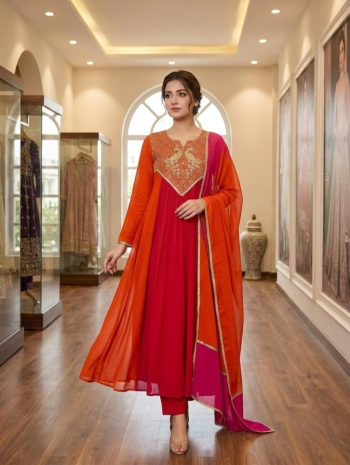 FANCY MUL CHANDERI CODING WITH SEQUENCE EMBROIDERY WORK TOP BOTTOM WITH DUPATTA RED