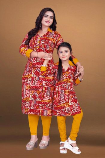 FANCY RAYON PRINTED WORK MOTHER DAUGHTER SET RED