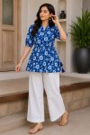 FANCY RAYON SLUB DIGITAL PRINT WORK TOP PALAZZO SET WHITE AND BLUE