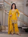FANCY SINDOORI SATIN SILK SEQUENCE EMBROIDERY WORK TOP PALAZZO WITH DUPATTA YELLOW