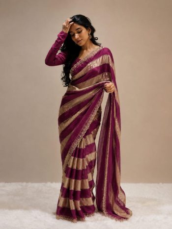FANCY SPACE SILK JHARKAN WORK  WITH SWAROVSKI WORK SAREE WITH UNSTITCHED BLOUSE WINE
