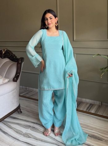 FANCY VYOM CRUNCHY SILK ZARDOSI WITH LACE WORK TOP PATIYALA WITH DUPATTA SKY