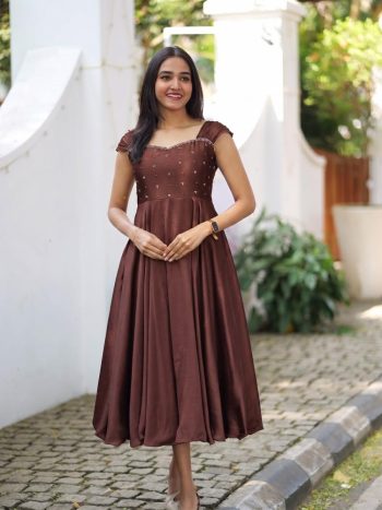 GEORGEOUS RANGOLI SILK MAGGAM WORK GOWN BROWN