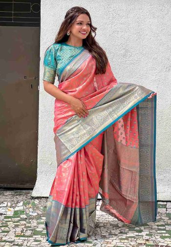 GEORGEOUS TISSUE SILK ZARI WEAVING WORK SAREE WITH UNSTITCHED BLOUSE PEACH