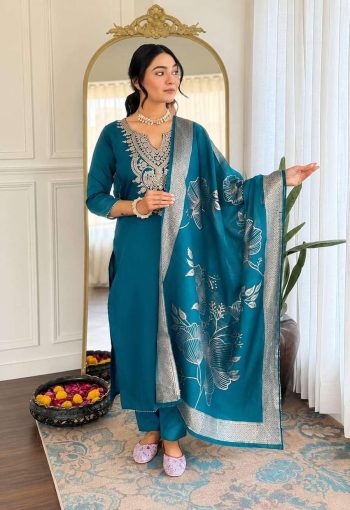 LATEST COTTON EMBROIDERY WORK TOP BOTTOM WITH DUPATTA TEAL