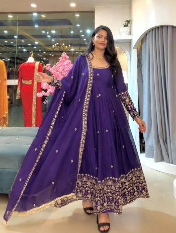LATEST CRUNCHY SILK EMBROIDERY SEQUENCE WORK GOWN BOTTOM WITH DUPATTA  PURPLE