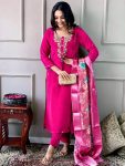 LATEST SLUB COTTON  EMBROIDERY WORK TOP BOTTOM WITH DUPATTA PINK