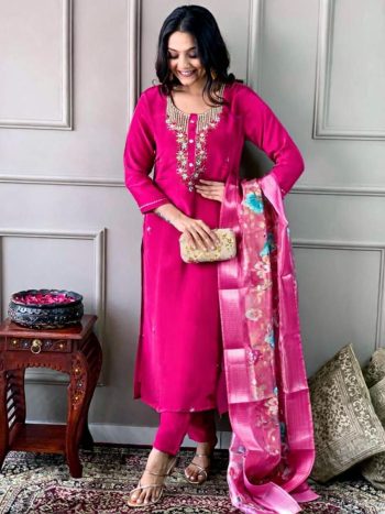LATEST SLUB COTTON  EMBROIDERY WORK TOP BOTTOM WITH DUPATTA PINK