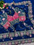 LUXURY SOFT FANDY SATIN SILK EMBROIDERY DUAL SEQUENCES AND CODING WORK SAREE WITH STITCHED BLOUSE BLUE