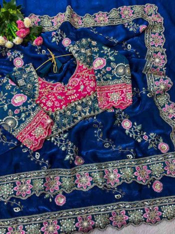 LUXURY SOFT FANDY SATIN SILK EMBROIDERY DUAL SEQUENCES AND CODING WORK SAREE WITH STITCHED BLOUSE BLUE