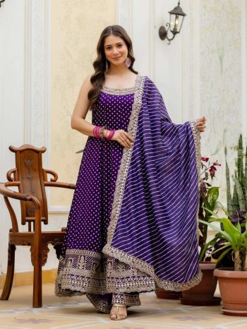 MODERN BANDHANI VICHITRA SILK EMBROIDERY & REAL MIRROR WORK GOWN BOTTOM WITH DUPATTA PURPLE