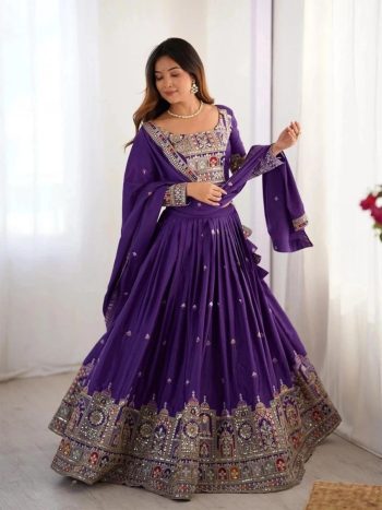 MODERN CHINON SILK EMBROIDERY SEQUENCE WORK LEHENGA CHOLI WITH DUPATTA PURPLE