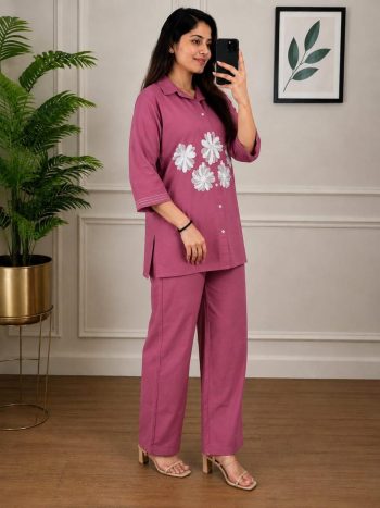 MODERN COTTON EMBROIDERY WORK CO-ORD SET PINK