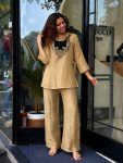 MODERN CRUNCHY SILK TOP AND PALAZZO SET WITH EMBROIDERY WORK WITH HANDWORK COIN HANGING WORK KOTI CREAM