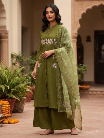 MODERN DHABU COTTON EMBROIDERY WORK TOP BOTTOM WITH DUPATTA MEHNDI