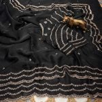 MODERN FANDY SATIN SILK ROSE GOLD  BEADS WORK WITH CUT  WORK BORDER SAREE WITH STITCH BLOUSE BLACK