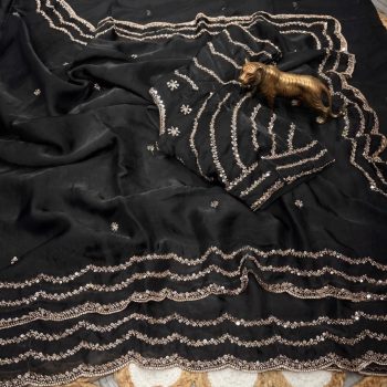 MODERN FANDY SATIN SILK ROSE GOLD  BEADS WORK WITH CUT  WORK BORDER SAREE WITH STITCH BLOUSE BLACK