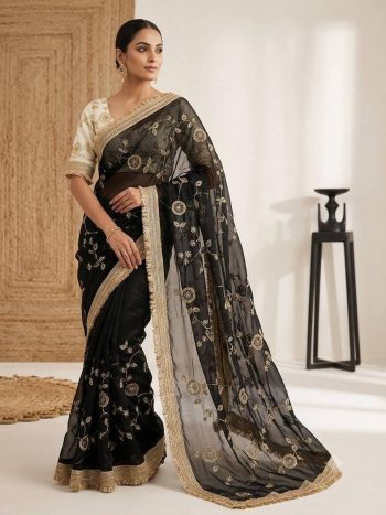 MODERN FENDY SATIN SILK EMBROIDERY WITH CUTWORK BORDER SAREE WITH UNSTITCHED BLOUSE BLACK