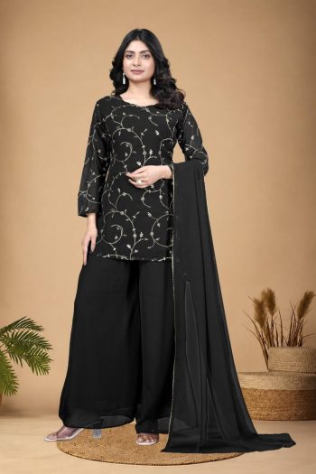 MODERN GEORGETTE EMBROIDERY WORK TOP SHARARA WITH DUPATTA BLACK