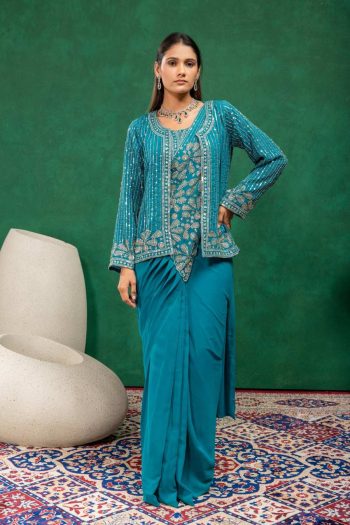 MODERN GEORGETTE EMBROIDERY ZARI & SEMI BEADS WORK READY TO WEAR SAREE WITH STITCHED BLOUSE AND KOTI RAMA