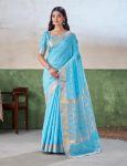 MODERN LINEN COTTON SILK PURE GOLD ZARI AND SELF DESIGN SAREE WITH UNSTITCHED BLOUSE SKY