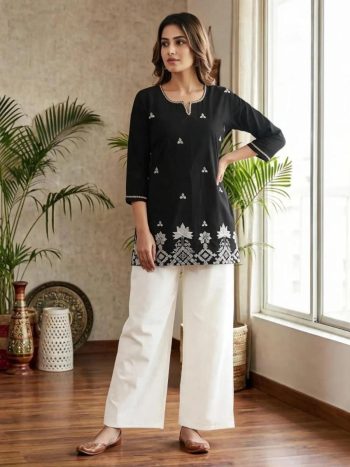 MODERN RAYON SLUB EMBROIDERY WORK TOP BOTTOM SET BLACK
