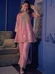 MODERN SILK CREPE EMBROIDERED WITH ELEGANT MIRROR WORK CO-ORD SET BABY PINK