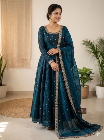 MODERN SPACE SILK SEQUENCE EMBROIDERY WORK GOWN WITH DUPATTA TEAL