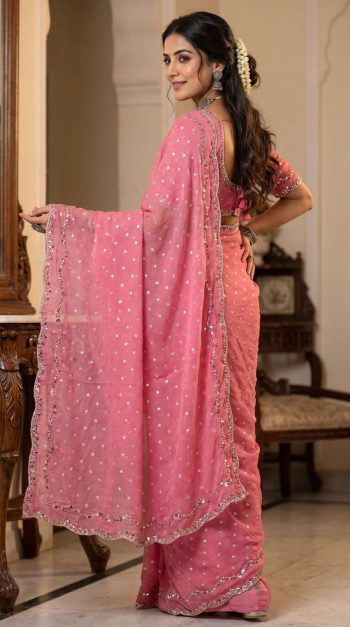 NEW ARRIVAL NC BUTTI SILK ROSE GOLD  BEADS WORK WITH CUT  WORK BORDER SAREE WITH UNSTITCHED BLOUSE PINK