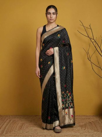 NEW ARRIVAL ORGANZA MEENAKARI ZARI WOVEN WORK SAREE WITH UNSTITCHED BLOUSE BLACK