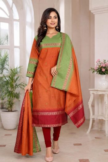 NEW ARRIVAL SILK COTTON ZARI KANCHI BORDER WORK TOP WITH DUPATTA ORANGE