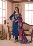 NEW ARRIVAL SLUB COTTON SEQUENCE EMBROIDERY WORK TOP BOTTOM WITH DUPATTA NAVY BLUE