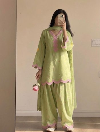 RICH LOOK CHANDERI COTTON MULTI NEEDLE  SEQUENCE EMBROIDERY ZARI WORK TOP PATIYALA WITH DUPATTA PISTA