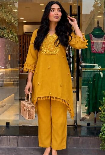 RICH LOOK COTTON FLEX EMBROIDERY WORK CO-ORD SET YELLOW