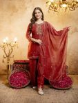 RICH LOOK CRUNCHY SILK SEQUENCE CODING EMBROIDERY WORK TOP PALAZZO WITH DUPATTA MAROON