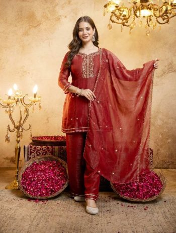 RICH LOOK CRUNCHY SILK SEQUENCE CODING EMBROIDERY WORK TOP PALAZZO WITH DUPATTA MAROON