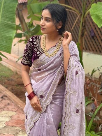 RICH LOOK FENDY SATIN EMBROIDERY WORK WITH SEQUENCE AND CUT WORK BORDER SAREE WITH STITCHED BLOUSE LAVENDER