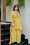 RICH LOOK  FRENCH CREPE SILK EMBROIDERED KURTI PALAZZO LIGHT YELLOW