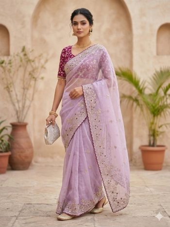 RICH LOOK GMY SILK EMBROIDERY  WORK WITH BADLO ZARI AND CUT WORK SAREE WITH UNSTITCHED BLOUSE LAVENDER