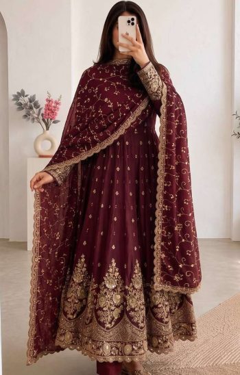 RICH LOOK JELLY SHIMMER SILK EMBROIDERY CODING & SEQUENCE WORK  GOWN BOTTOM WITH DUPATTA MAROON