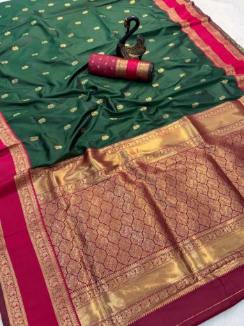 RICH LOOK KANJIVARAM SILK COPPER ZARI JAAL WEAVING WORK SAREE WITH UNSTITCHED BLOUSE GREEN