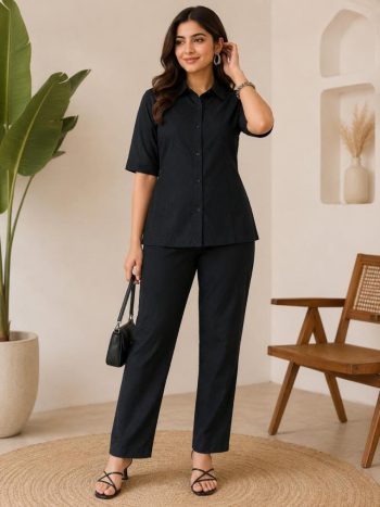 RICH LOOK RADO CRUSH VISCOSE PLAIN CO-ORD SET BLACK