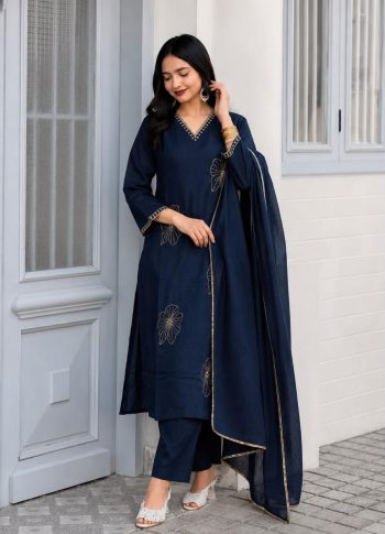 RICH LOOK ROMAN EMBROIDERY WORK TOP BOTTOM WITH DUPATTA NAVY BLUE