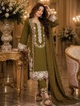 RICH LOOK SATIN RAYON EMBROIDERY THREAD WORK TOP BOTTOM WITH DUPATTA MEHNDI