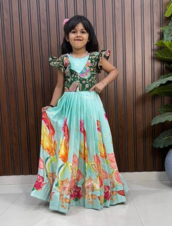 RICH LOOK SILK ZARI POSITION PRINT WORK KID'S GOWN WITH JACKET GREEN